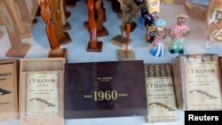 Pre-embargo Cuban cigars displayed in window of Cuban-themed gift shop in the Little Havana neighborhood of Miami, Florida, May 17, 2014.