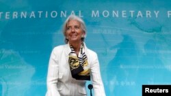 14일 미국 워싱턴의 IMF 본부에서 크리스틴 라가르드 총재가 연설했다.
