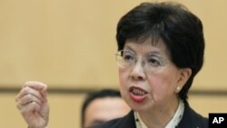 WHO Director-General Margaret Chan makes a point during her address to the 64th World Health Assembly at the United Nations European headquarters in Geneva, May 16, 2011