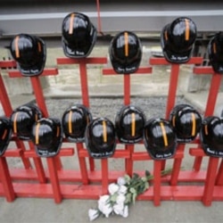 A memorial at the entrance to Massey Energy's Upper Big Branch coal mine in West Virginia one year after the April 2010 explosion that killed 29 men