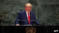 Presiden Donald Trump berbicara pada Sidang Umum Perserikatan Bangsa-Bangsa ke-74 di Markas Besar PBB di New York, 24 September 2019. (Foto: AFP)