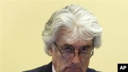 Wartime Bosnian Serb leader Radovan Karadzic appears at the International Criminal Tribunal in the Hague to face war crimes charges, 03 Nov 2009