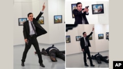 A man gestures after shooting Andrei Karlov, the Russian Ambassador to Turkey in this composite of three photos.