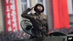 FILE - A soldier in tank takes part in a military parade on the Kim Il Sung Square in Pyongyang, North Korea, April 15, 2017.