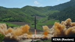 The intercontinental ballistic missile Hwasong-14 is seen during its test launch in this undated photo released by North Korea's Korean Central News Agency (KCNA) in Pyongyang, July, 4 2017. 