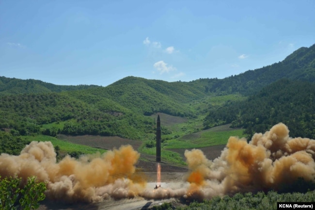 FILE - The intercontinental ballistic missile Hwasong-14 is seen during its test launch in this undated photo released by North Korea's Korean Central News Agency (KCNA) in Pyongyang, July 4, 2017.