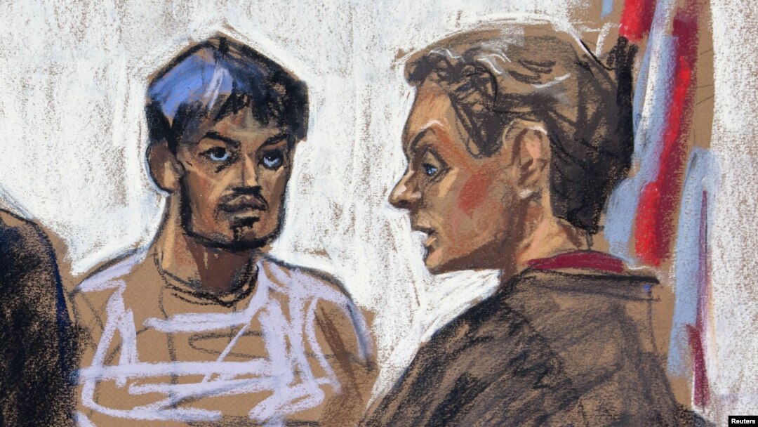 Sketsa gambar tersangka Quazi Mohammed Rezwanul Ahsan Nafis – pria Bangladesh berusia 21 tahun, saat menghadiri sidang pembacaan dakwaan di pengadilan New York (17/10).