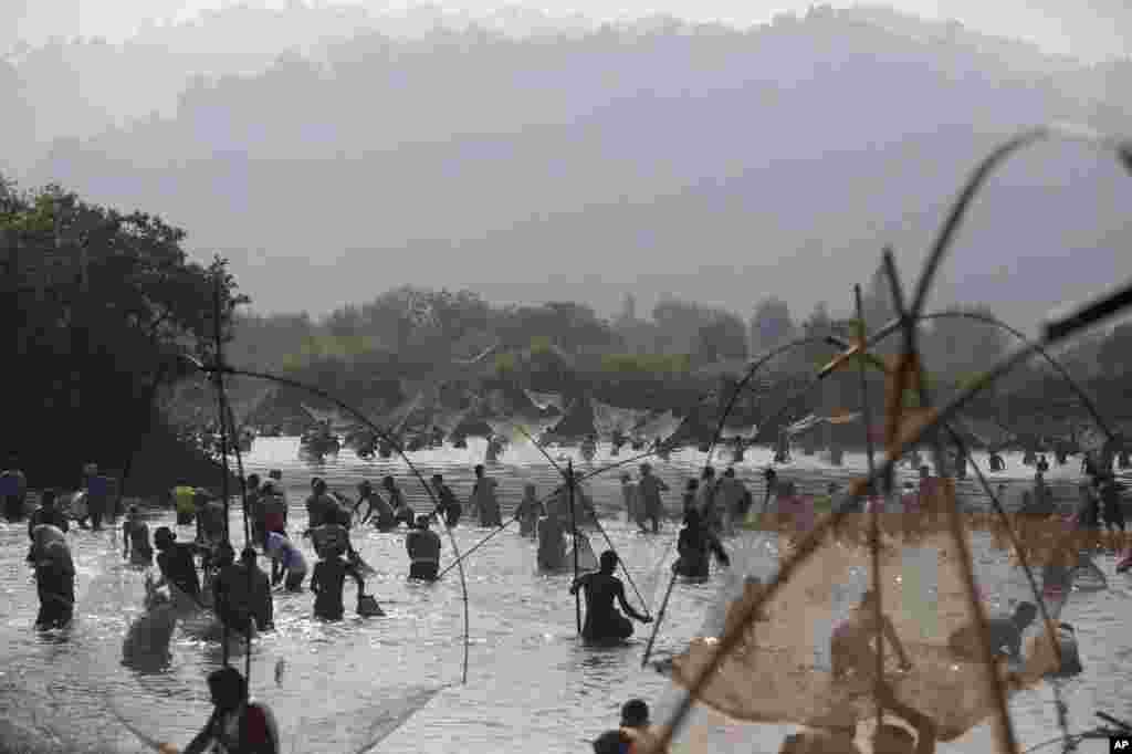 مردم روستای پانباری در جنوب هند در مراسم سنتی بوگالی بیهو در ماهیگیری دسته جمعی شرکت می&zwnj;کنند.