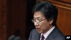 Japanese Finance Minister Jun Azumi delivers his policy speech at the opening of the ordinary diet session at parliament in Tokyo, January 24, 2012.