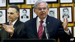 U.S. Sen. Bob Menendez (D-NJ) speaks about President Barack Obama's planned trip to Cuba during a news conference, Feb. 18, 2016, in Union City, New Jersey.