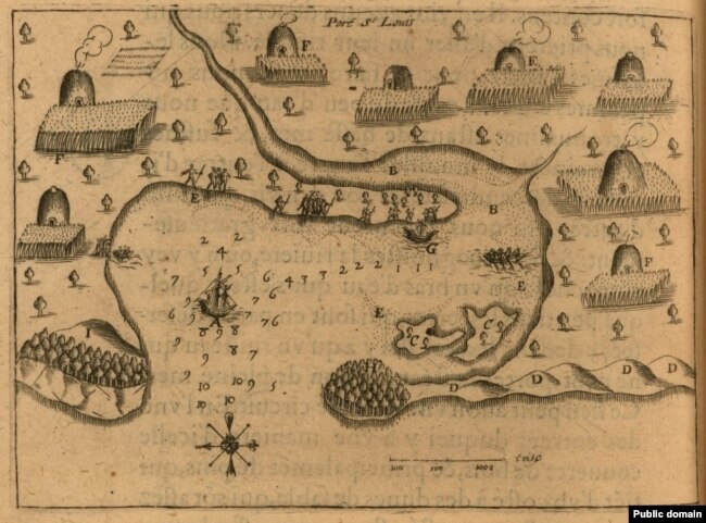 A 1613 engraving of a map hand drawn seven years earlier by French explorer Samuel de Champlain. "F" designates Patuxet houses and agricultural plots. Courtesy, John Carter Brown Library, Brown University.