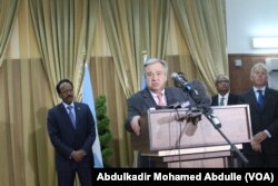 UN Secretary-General Antonio Guterres, addresses the media in Mogadishu, Somalia, March 7, 2017.