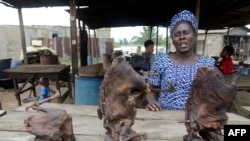 Vivian Koshefobamu, seorang penjual bushmeat atau daging hewan liar, di pasar di Lagos.