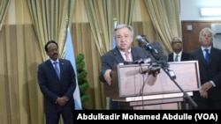 FILE: In a previous visit, UN Secretary-General Antonio Guterres addresses the media in Mogadishu, Somalia, March 7, 2017.