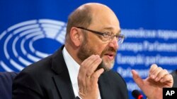 European Parliament President Martin Schultz speaks during a media conference at the European Parliament in Brussels, Jan. 14, 2016. 