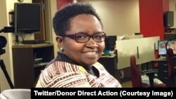 Justine Masika Bihamba, fondatrice de l'organisation Synergie des femmes, lors d'une interview avec VOA Afrique à Mew York, 1er novembre 2017. (Twitter/Donor Direct Action)