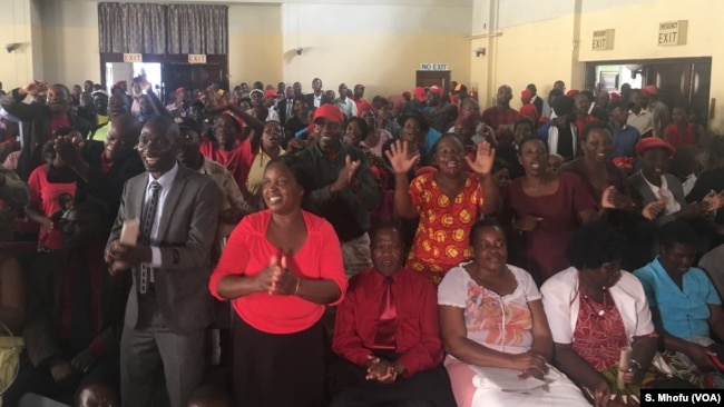 The leaders of the Movement for Democratic Change meet Feb. 23, 2018, to address the struggle for power that has rocked their party following the death of their leader, Morgan Tsvangirai, in South Africa after a two-year battle with colon cancer.