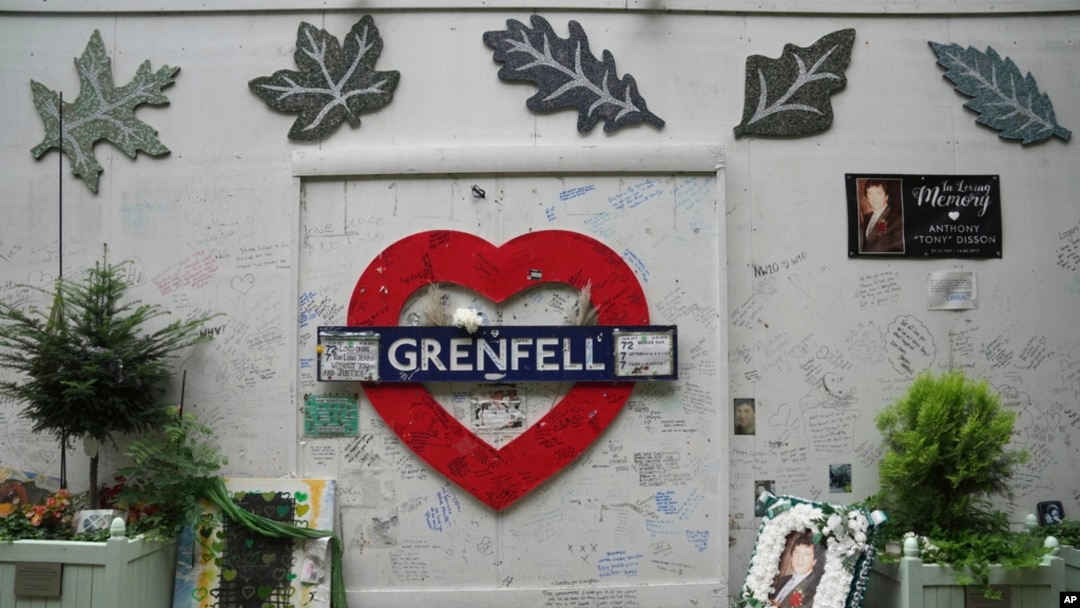 FILE - A view of the memorial wall at the Grenfell Tower in which 72 people were killed in a fire in 2017, in London, Sept. 2, 2024.