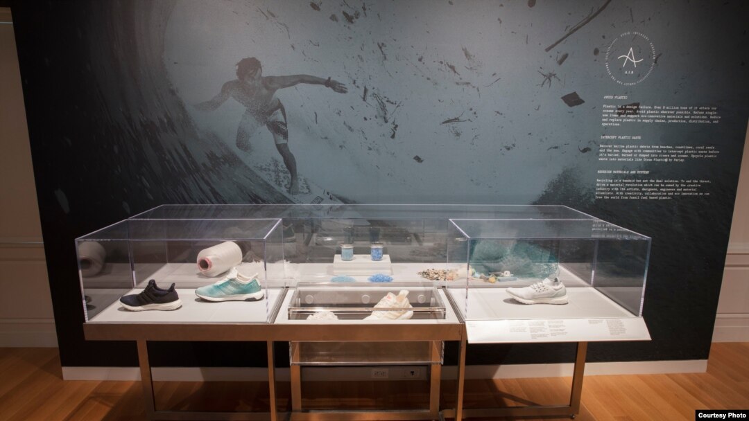 Museum display at Cooper Hewitt Museum in NY. Companies are showing examples of future products that will not hurt the environment.