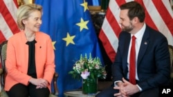 United States Vice President JD Vance, right, meets with European Commission President Ursula von der Leyen during a bilateral meeting on the sidelines of the Artificial Intelligence Action Summit in Paris, Feb. 11, 2025.