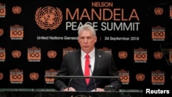 미겔 디아스카넬 쿠바 국가평의회 의장이 24일 뉴욕 유엔본부에서 열린 '넬슨 만델라 평화 정상회의'에서 발언하고 있다.