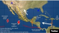 Ubicación del huracán Bud y de la tormenta tropical Aletta en la costa del Pacífico mexicana. Imagen, de la Coordinación General del Servicio Meteorológico de México, CONAGUA. 