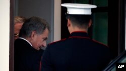 Finnish President Sauli Niinisto departs the West Wing of the White House, Sept. 27, 2018, in Washington.