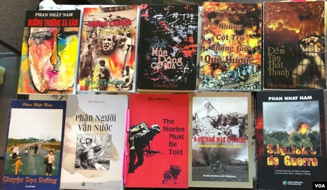 Bìa các sách Phan Nhật Nam xuất bản sau 1975 tại hải ngoại, thực sự là từ sau 1993, thời gian Phan Nhật Nam thoát ra khỏi Việt Nam. [tư liệu Ngô Thế Vinh]