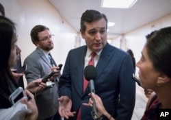 FILE: Sen. Ted Cruz, R-Texas speaks to reporters on Capitol Hill in Washington, Wednesday, May 17, 2017, on the controversies surrounding President Donald Trump's firing of FBI Director James Comey and his sharing of classified information with two Russian diplomats during a meeting in the Oval Office. (AP Photo/J. Scott Applewhite)