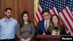 FILE - Doris Liber speaks about her 26-year-old hostage son, Guy Illouz, at a news conference marking the one-month anniversary on Capitol Hill in Washington, U.S., November 7, 2023