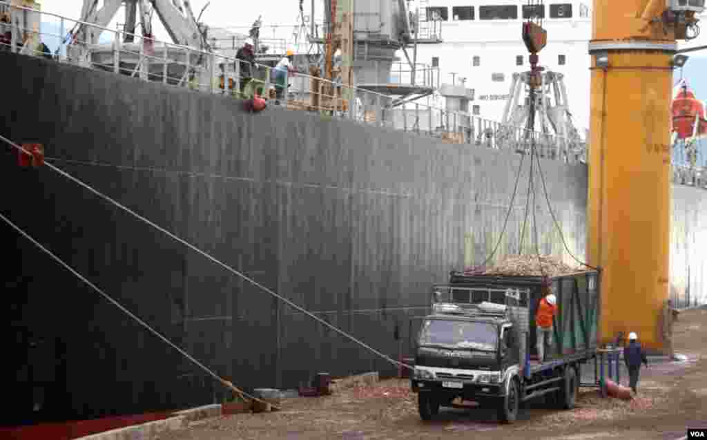 Para pekerja mengangkut potongan kayu ke sebuah kapal di Pelabuhan Cam Ranh, Vietnam. (D. Schearf/VOA)