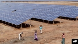 Indian laborers work near solar panels at a Solar Park in India. 