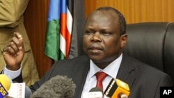Secretary general of the Sudan People's Liberation Movement, and Chief Negotiator of southern Sudan Pagan Amum speaks during a press conference in Nairobi Kenya, April 13, 2012.