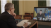 In this photo taken from video on March 15, 2025, British Prime Minister Keir Starmer participates from London in a virtual meeting with a group of European, Australian, New Zealand and Canadian leaders. They discussed the proposed ceasefire between Russia and Ukraine.