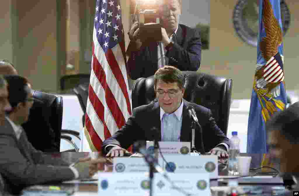 U.S. Defense Secretary Ashton Carter gathers top U.S. military commanders and diplomats for talks on the battle against the Islamic State, at Camp Arifjan, Kuwait, Feb. 23, 2015.