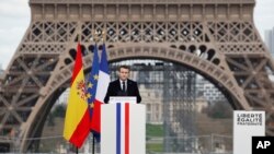 French President Emmanuel Macron delivers his speech during a ceremony to honor victims of terror attacks in Europe, at the Trocadero in Paris, March 11, 2020. 