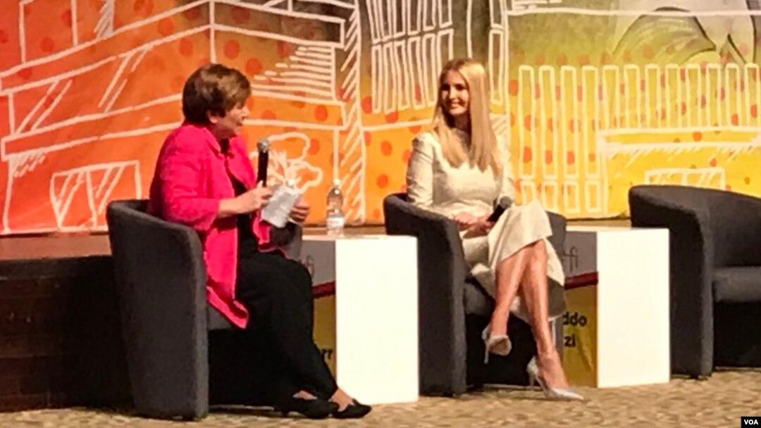 Ivanka Trump’s final stop in Africa was in Abidjan, where she spoke at a summit of female entrepreneurs. (E. Sarai/VOA)