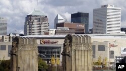 FILE - Cleveland's skyline and the venue of the 2016 Republican National Convention, Quicken Loans Arena.