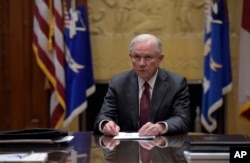 FILE - Attorney General Jeff Sessions holds a meeting with the heads of federal law enforcement components at the Department of Justice in Washington, Feb. 9, 2017.