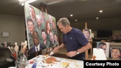 President George W. Bush is seen working on a "Portraits of Courage" painting. (Photo by Grant Miller)