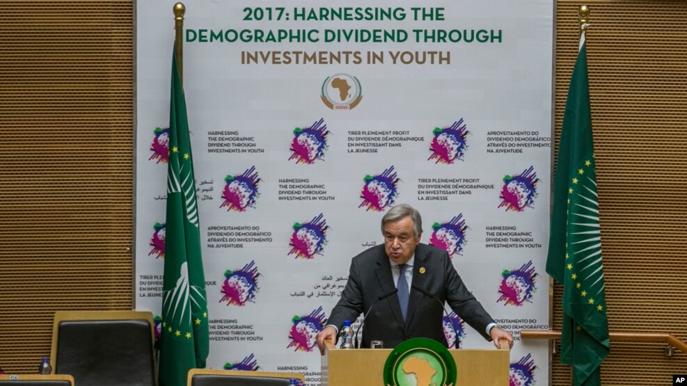 Muummicha barreessaan tokkummaa mootummootaa Antoniyoo Guteres Gumii Gamtaa Afriikaaf haasaha yeroo godhan, Finfinnee, Amajjii 30,2017