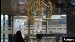 FILE - The World Health Organization's (WHO) logo is seen at the entrance of the UN agency's headquarters in Geneva, Switzerland.