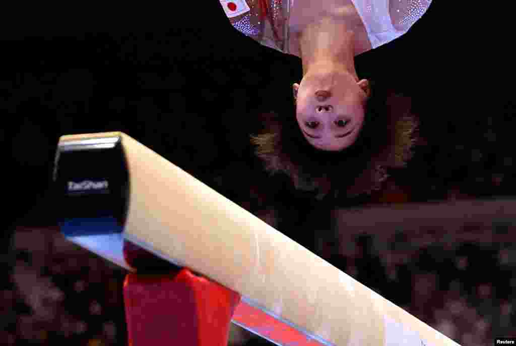 Japan&#39;s Mai Murakami competes in the women&#39;s balance beam final during the World Artistic Gymnastics Championships at the&nbsp;Kitakyushu General Gymnasium, Kitakyushu.