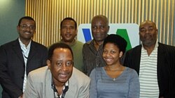 Members of the VOA Creole Service staff. (Left to Right) Service Chief Ronald Cesar, Lyonel Desmarattes, Jean Pierre Leroy, Jacques Jean Baptiste, Coralie St. Louis, and Jean Robert Philippe.