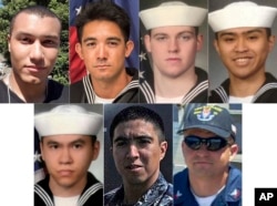 This combination of undated photos released June 19, 2017, by the U.S. Navy shows the seven U.S. sailors who died in a collision between the USS Fitzgerald and a container ship off Japan, June 17, 2017. From top left to right, Personnel Specialist 1st Class Xavier Alec Martin, 24, from Halethorpe, Md.; Yeoman 3rd Class Shingo Alexander Douglass, 25, from San Diego, Calif.; Gunner's Mate Seaman Dakota Kyle Rigsby, 19, from Palmyra, Va.; and Fire Controlman 2nd Class Carlos Victor Ganzon Sibayan, 23, from Chula Vista, Calif. From bottom left to right, Sonar Technician 3rd Class Ngoc T Truong Huynh, 25, from Oakville, Conn.; Gunner's Mate 2nd Class Noe Hernandez, 26, from Weslaco, Texas; and Fire Controlman 1st Class Gary Leo Rehm Jr., 37, from Elyria, Ohio.