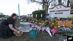 Suzanne Devine Clark, una profesora de arte en la escuela primaria Deerfield Beach, coloca piedras pintadas en un memorial frente a la escuela secundaria Marjory Stoneman Douglas en el primer aniversario del mortal tiroteo el jueves, 14 de febrero de 2019 en Parkland, Florida.