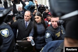 Emma Coronel Aispuro, the wife of Joaquin Guzman, departs after the trial of Mexican drug lord Guzman, known as "El Chapo," at the Brooklyn Federal Courthouse, in New York, Feb. 12, 2019.