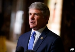 FILE - Rep. Michael McCaul, R-Texas, talks with reporters, Nov. 29, 2016, in New York. McCaul, who chairs the House Intelligence Committee, said after a briefing May 22, 2018, that House members were concerned that "not only Russia but possibly other foreign adversaries are now going to start looking at how they can meddle in the midterm elections."