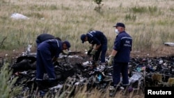 FILE - Members of the Ukrainian Emergencies Ministry work at a crash site of Malaysia Airlines Flight MH17, near the village of Hrabove, Donetsk region, July 20, 2014.