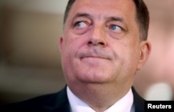 The killing of a police officer in an attack in Zvornik prompted Bosnian Serb President Milorad Dodik, shown at a gathering of members of his political party in East Sarajevo on April 25, 2015, to call again for greater independence for the Serb Republic